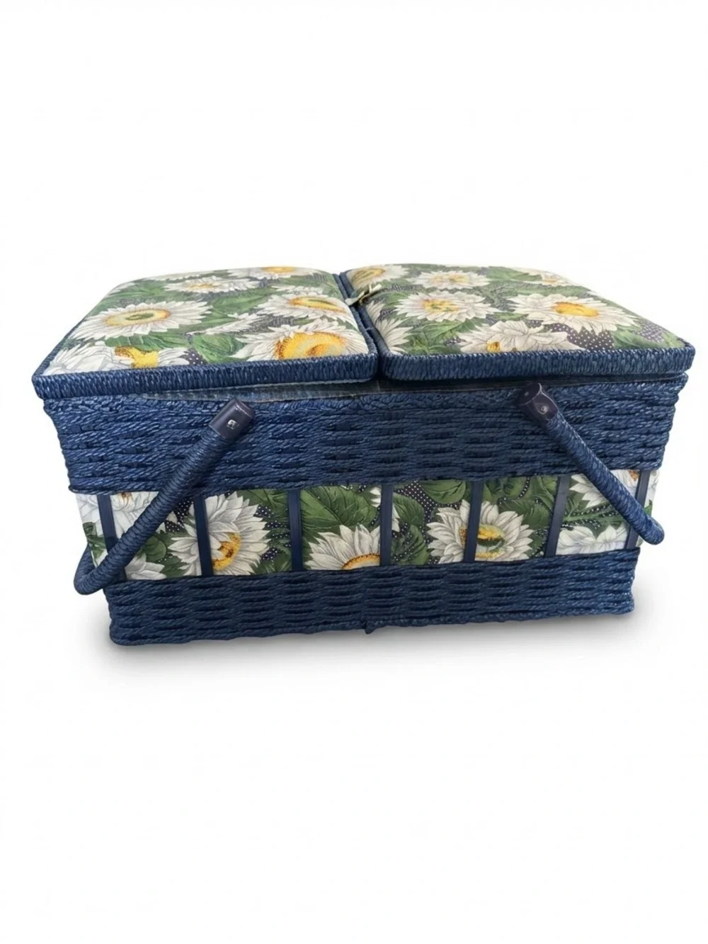 Vtg Wicker Sewing Basket Blue With Sunflowers Storage Box With Handle